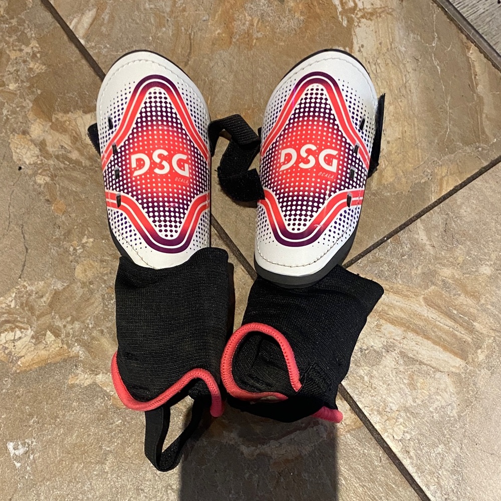 DSG Kids Pink White Soccer Shin Guards with Black Ankle Sleeves